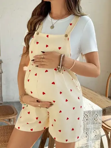 2pcs/Set Maternity Versatile Heart Print Overall Shorts And Short Sleeve Top