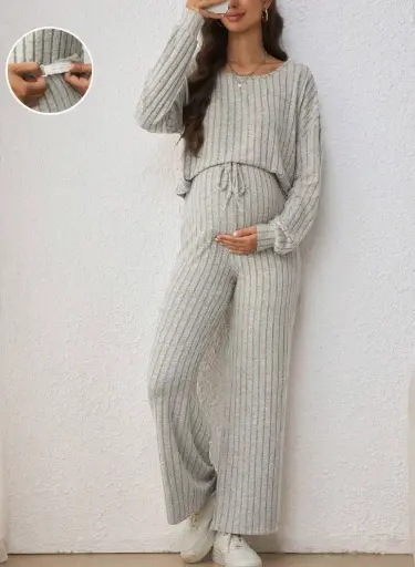 2pcs Maternity Casual Set: Round Neck Long Sleeve T-Shirt & Adjustable Drawstring Waist Bow Tie Wide Leg Pants, Pregnancy Outfit